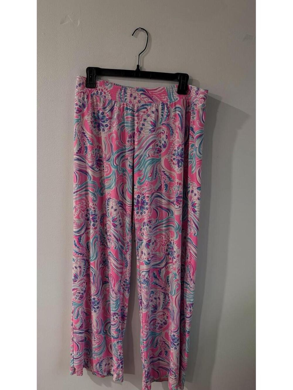 Lilly Pulitzer Pink Multi Color Flowy Pants Elastic Waist Size Large